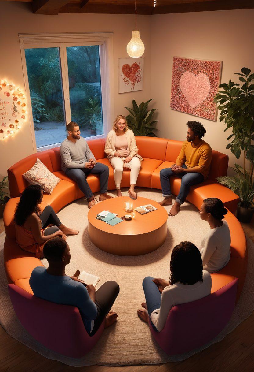 A sensual yet tasteful illustration capturing a diverse group of adults engaged in open discussions about sexual wellness, featuring symbols of intimacy like hearts and flowers. The background should be warm and inviting, with soft lighting that creates a sense of comfort and trust. Elements like books on relationships and wellness can be subtly included to enhance the theme. The overall vibe should be modern and inclusive, promoting healthy conversations. vibrant colors. super-realistic.