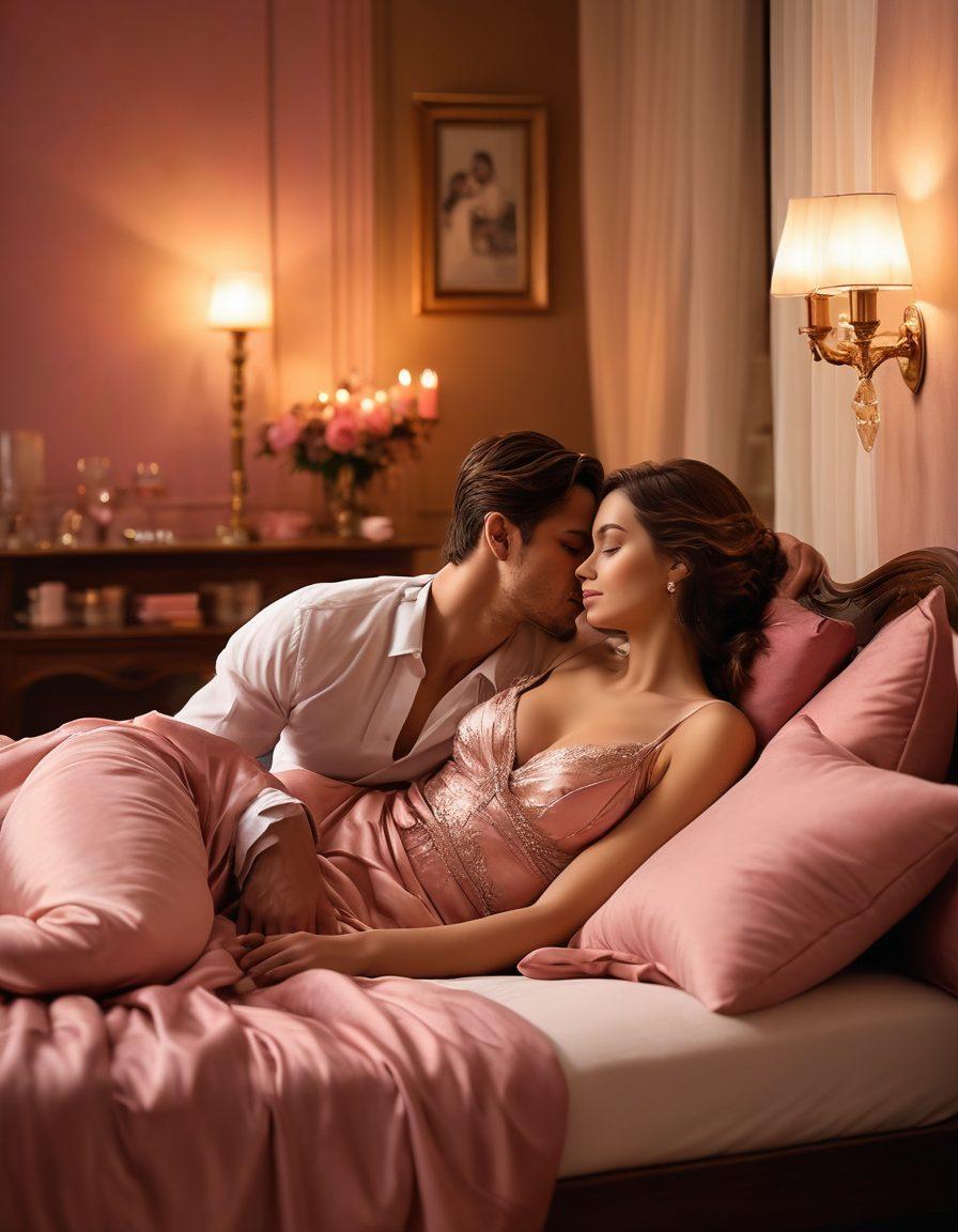 A cozy, warmly lit room filled with luxurious fabrics and soft pillows, featuring a couple sharing an intimate moment over a candlelit dinner. Subtle hints of erotic literature and art scattered around, symbolizing exploration and connection. Soft pink and gold tones evoke a sense of sensuality and warmth. Artistic elegance combines classic romance with modern intimacy. super-realistic. warm colors. soft focus.
